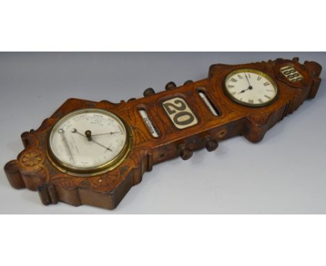 A Victorian oak wall hanging combination clock, holosteric barometer and perpetual calendar, 9cm painted dial inscribed with 