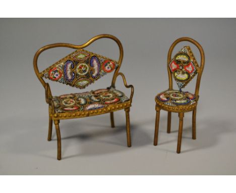 A Grand Tour micro mosaic bench, set in gilt metal frame; conforming chair (2)