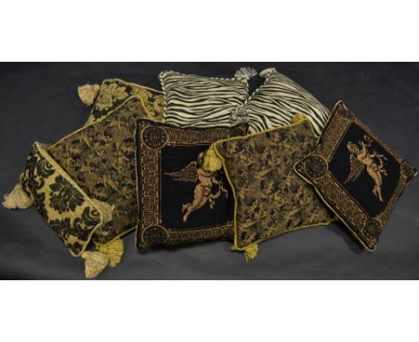 Home Soft Furnishings - a pair of zebra print cushions;  others, in mustard and black, printed with cherubs;  etc  (8)