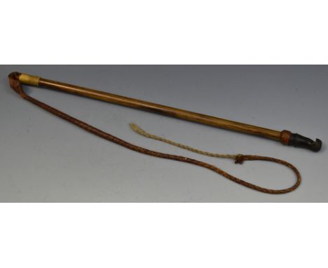 A Victorian hunting whip, the terminal with whistle, plaited leather leash, 43cm long