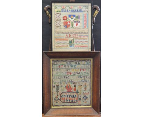 A late 19th/early 20th century sampler, embroidered by Mary Griffiths, age 14 years, with alphabet, verse and basket of flowe