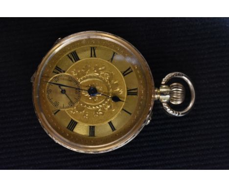 An Edwardian lady's open face fob watch, gilt floral dial, Roman numerals, minute track, subsidiary seconds, blued spade hand