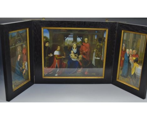 An early 20th century oak connoisseur's Old Master triptych, printed after Hans Memling with the Triptych of Jan Floreins of 