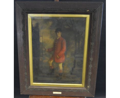 Hunting - an Edwardian coloured print, of a Huntsman, 60cm x 45cm, the frame with plaque, Presented to Mr E Brooker, Huntsman