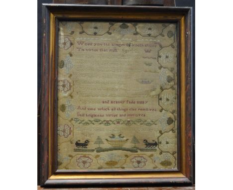 A 19th century rectangular needlework sampler, by Martha Smith Aged 9 Years, Dec ****, worked in coloured threads with a bask