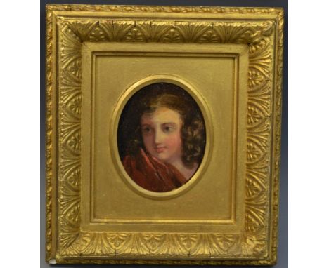English School (19th century), a portrait miniature, of a young girl wearing a red shawl, oil on panel, oval, 8cm x 6.5cm, gi