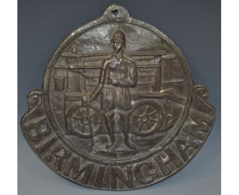 A Birmingham fire mark, Birmingham Fire office (1805-1867) plate, showing a fireman and engine, 27cm x 27cm