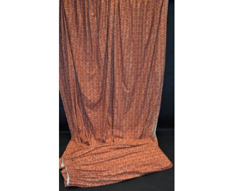 Home Soft Furnishings - a pair of terracotta cotton curtains, printed with flowerheads in leafy scrolls, 242cm drop, 312cm wi