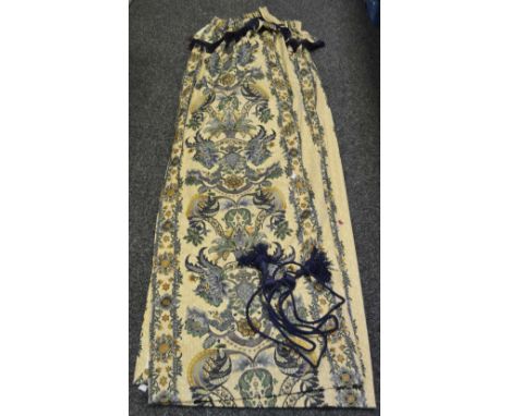 Home Furnishings  - two pairs of blue curtains, interlined, cotton sateen printed with stylised flowers, blue fringes and tie