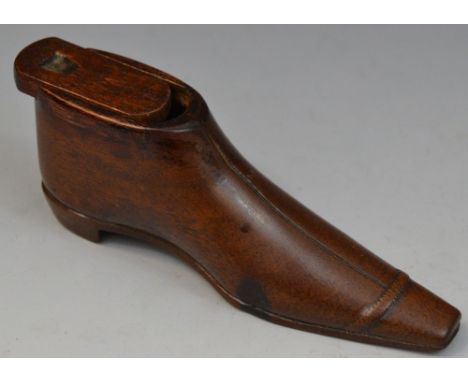 A 19th century mahogany novelty snuff box, as a shoe, sliding cover, 10.5cm long