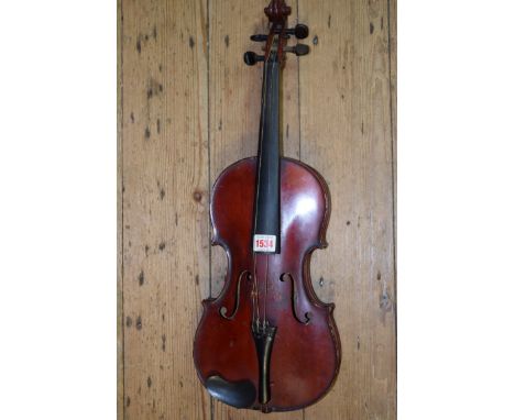 An antique Continental violin, labelled 'Celebre Vosgien', with 14 inch back, the button inscribed 1892, with bow and case. 