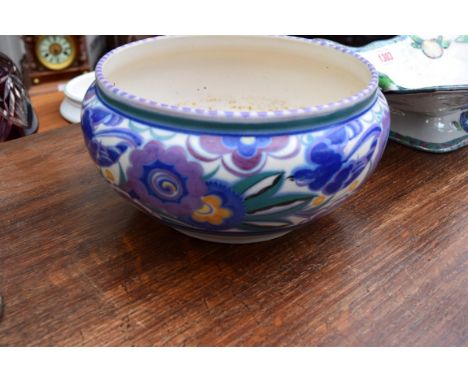 A Carltonware twin handled pedestal dish, with pearlescent glaze, 31cm high; together with a Poole potterhy circular jardinie