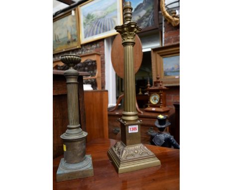 A brass Corinthian column table lamp; together with another brass column table lamp, latter 33cm high. 