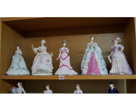 Three Royal Worcester figures, comprising: 'Queen of Hearts'; 'Summer's Lease'; and 'First Dance'; together with two Coalport