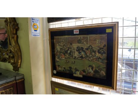 After William Hogarth, 'Pitt Ticket the Cockpit', colour engraving, I.22 x 32.5cm, in a verre eglomise mount.  Provenance; So