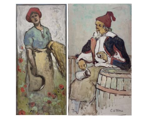 Charles O’Neill (British fl.1883-1924): Farmer Girl with Scythe and Man Smoking a Pipe, near pair watercolours signed max 35c