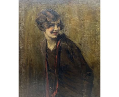 Isaac Michael Cohen (Australian 1884-1951): Portrait of Smiling Girl with Red Scarf, oil on canvas signed with monogram, with