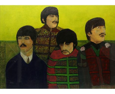 English School (Contemporary): Naïve Portrait of The Beatles, oil on canvas unsigned 73cm x 100cm 