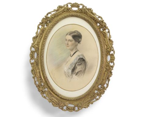 Edmund Havell (British 1785-1864): Portrait of a Victorian Lady, pencil sketch heighted with white signed and dated 1873, in 