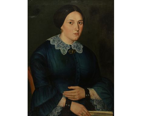 Manner of Ammi Phillips (American 1788-1865): Portrait of Lady in a Blue Dress, oil on canvas bearing inscription 'Galasso Pi