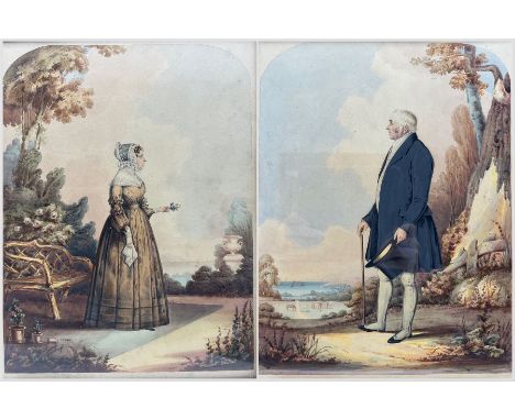 H Gilbert (British Mid-19th century): Full Length Portrait of a Wealthy Lady and Gentleman with the Solent Behind, pair water