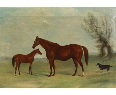 English School (19th/20th century): Portrait of Chestnut Mare and Foal with Terrier, oil on canvas unsigned 47cm x 68cm (unfr