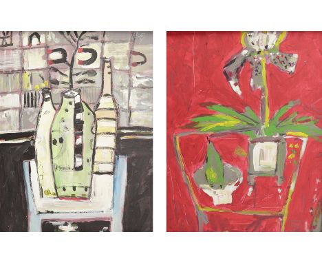 English School (Contemporary): 'Pitcher and Vases' and 'Orchard and Pear', pair still life oils on board one signed with mono