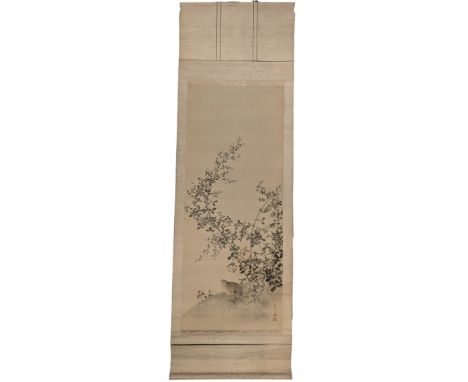 Chinese School (Early 20th century): Grouse Under Blossom Tree, watercolour on silk backed onto scroll signed with artists se