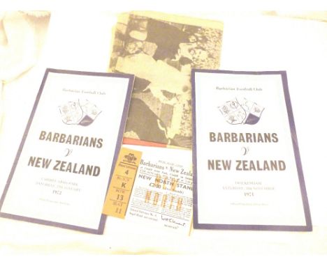 RUGBY PROGRAMMES. Barbarians V New Zealand 1973 ticket and programme (the greatest ever try) and Western Mail plus a 1974 pro