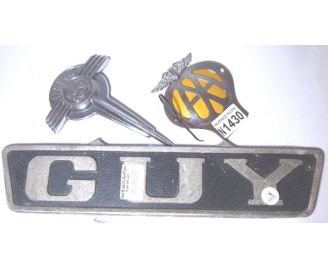 VINTAGE CAR BADGES. Three vintage car related badges, AA badge, Morris badge and Guy tractor badge
