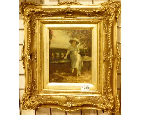 PORTRAIT OF AN EDWARDIAN LADY. Portrait of an Edwardian lady seated on a bench in an heavy gilt frame 19 x 24 cm