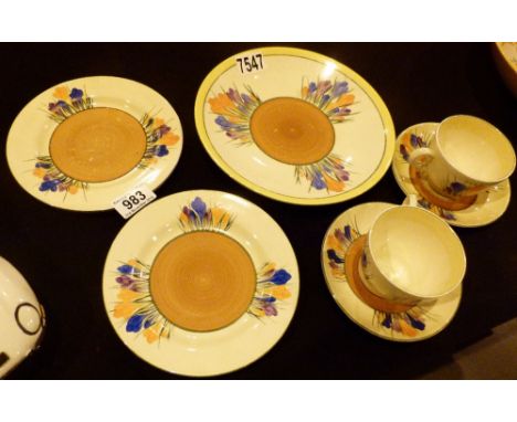 CLARICE CLIFF TEA SET. Clarice Cliff Crocus tea set including cake plate, cups and saucers