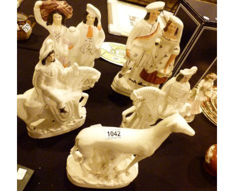 STAFFORDSHIRE FLATBACKS. Two pairs of Staffordshire flatbacks and a ceramic greyhound flatback