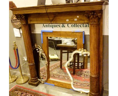 LARGE FIRE SURROUND. Large carved wood fire surround with corinthian columns, L - 150 cm