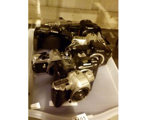 CAMERA BODIES. Tray of camera bodies, Pentax Nikon & Canon