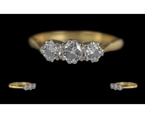 Ladies - 18ct Gold Pleasing Quality 3 Stone Diamond Ring. Full Hallmark to Interior of Shank. The Well Matched 3 Round Facete