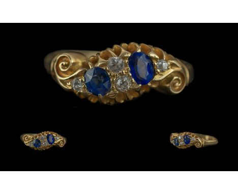 Edwardian Period 1902 - 1910 Ladies 18ct Gold Sapphire and Diamond Set Ring. Full Hallmark to Interior of Shank. Birmingham 1