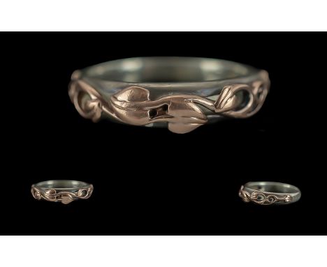 Clogau - Welsh Gold and Sterling Silver Early Band Ring. Scrolling Tulips Design to Outer Band. Marked Clogau and 925 to Inte