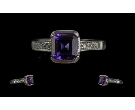 White Gold Amethyst &amp; Diamond Set Dress Ring, the square cut amethyst set with small diamond shoulders.  Ring size J.