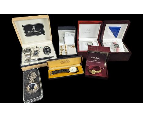 Collection of Gent's &amp; Ladies Wristwatches, boxed, comprising Charles Raymond set of chrome bracelet wristwatch, key ring