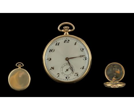 Swiss 9ct Gold Slimline Open Faced Keyless 15 Jewel Pocket Watch, circa 1930s, full hallmark for Birmingham 1934. quality Den