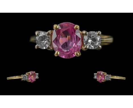 Ladies - Pleasing Quality 18ct Gold 3 Stone Pink Sapphire and Diamond Set Dress Ring. Full Hallmark to Interior of Shank, The