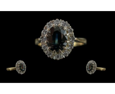 Ladies 18ct Gold Sapphire and Diamond Set Cluster Ring of Pleasing Form. Full Hallmark to Interior of Shank. The Central Face