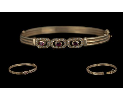 Antique Period Ladies 9ct Gold Ruby and Diamond Set Hinged Bangle, full hallmark to interior of bangle, the three rubies each
