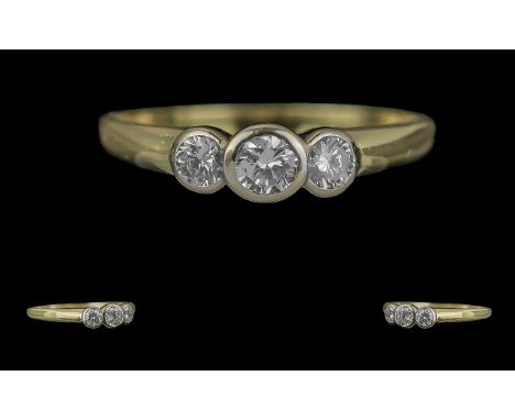 Ladies 18ct Gold Pleasing 3 Stone Diamond Set Ring. Marked 18ct to Shank. The 3 Pave Set Round Diamonds of Good Colour / Clar