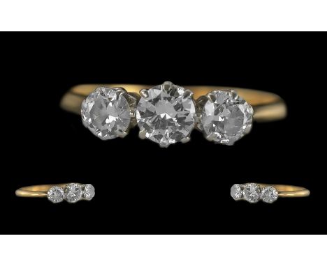 18ct Gold - Pleasing 3 Stone Diamond Set Ring. Marked 18ct to Interior of Shank. The 3 Faceted Round Diamonds of Excellent Co