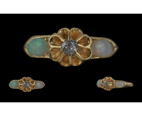 Antique Period Attractive 18ct Gold Diamond and Opal Set Ring. Marked 18ct to Interior of Shank. The Central Diamond of Excel