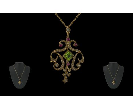 Victorian Period 1837 - 1901 Ladies Excellent 15ct Gold Openwork Pendant/ Brooch set with peridot, ruby and seed pearls, mark
