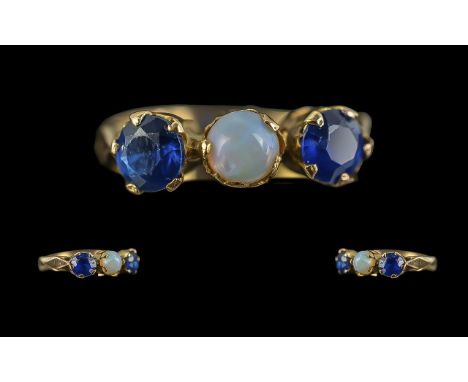 Antique Period 18ct Gold Pleasing Quality 3 Stone Blue Sapphire and Opal Set Ring. Not Marked but Tests High Ct Gold. The Two