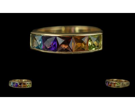 Ladies Pleasing 14ct Gold Multi Gem Channel Set Ring, marked 585 - 14ct to interior of shank, set with peridot, amethyst, cit